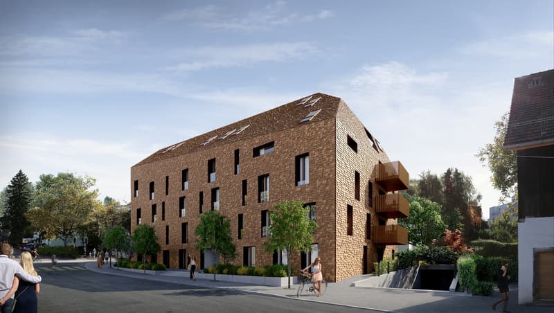 Modern apartment building, brick facade, multiple windows, balconies, green trees, paved road, people walking
