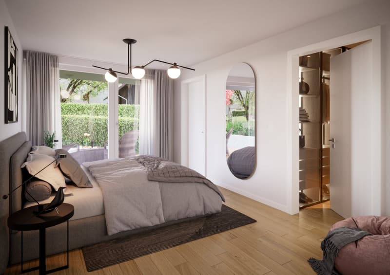 Bedroom with bed, nightstand, mirror, and large windows