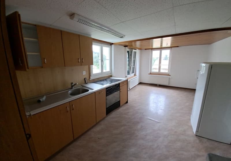 Open-plan kitchen and living room, wooden cabinets, stainless steel appliances including a dishwasher, large windows, concrete flooring
