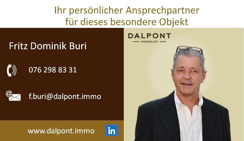 The image shows a business card for Fritz Dominik Buri, who is a real estate agent at Dalpont Immobilien. The card includes his contact information such as phone number, email, and website. It also includes the Dalpont Immobilien logo and a headshot of Fr