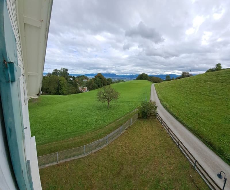 The image shows a scenic rural landscape with rolling green hills, a winding path, and a cloudy sky. There appears to be a balcony or terrace visible from the perspective of the image.