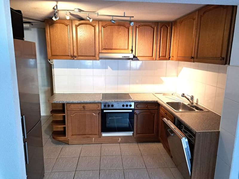wooden cabinets, electric stove, oven, dishwasher, stainless steel fridge, sink