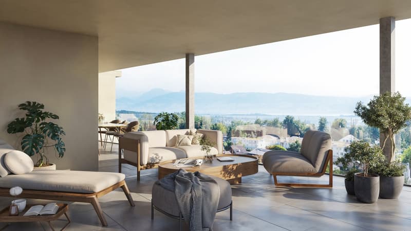 modern living room with large windows, wooden furniture, plants, and a view of the mountains