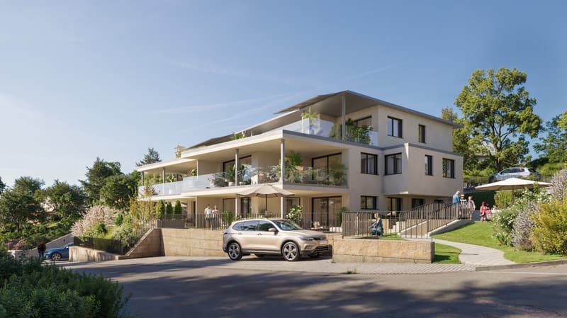 2 story house, beige exterior, multiple balconies, modern design, landscaped garden, parking area