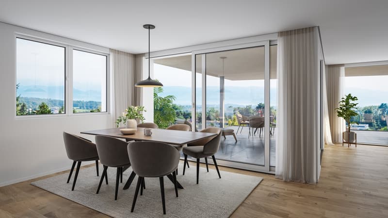 Dining room with large windows, sliding glass doors, wooden floor, modern furniture, plants, and a view of the mountains
