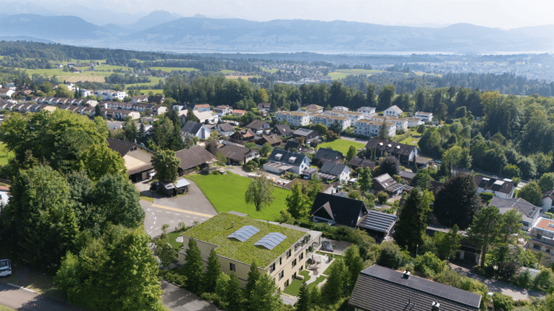 Aerial view of a neighborhood with houses, solar panels, green roofs, trees, and mountains in the background