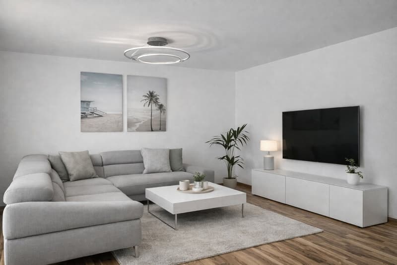 modern living room with gray sofa, white coffee table, white TV stand, white carpet, white walls, ceiling lamp, and plants