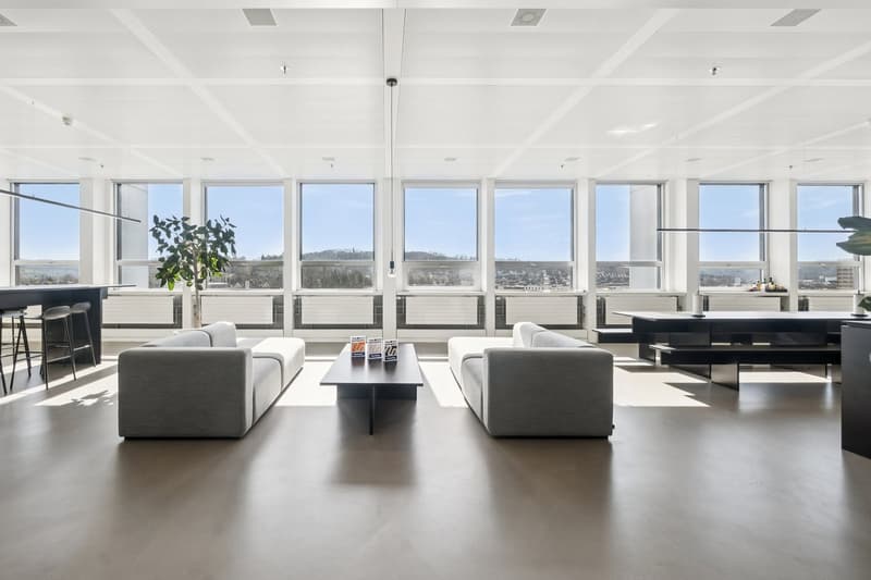 modern living room with large windows, gray couches, coffee table, and a potted plant