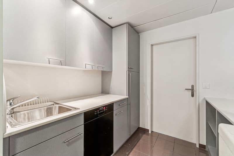 modern kitchen, stainless steel sink, dishwasher, cabinets, tiled floor