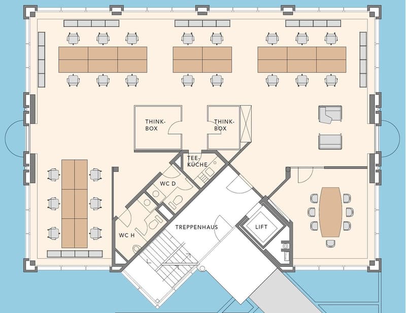 Floor plan with multiple seating areas, think boxes, kitchen, toilets, and lift