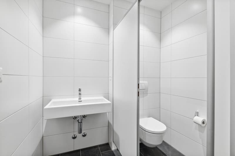 modern bathroom with white tiles, white sink, white toilet, white walls, silver faucet