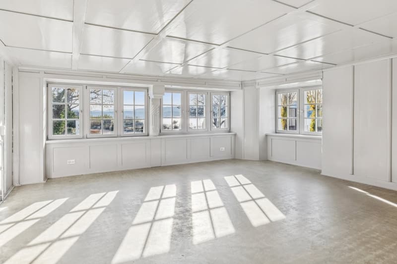 Empty room with white walls, white ceiling, large windows, concrete floor, sunlight