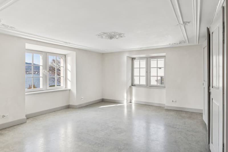 empty room, white walls, concrete floor, two windows, power outlets, lake view