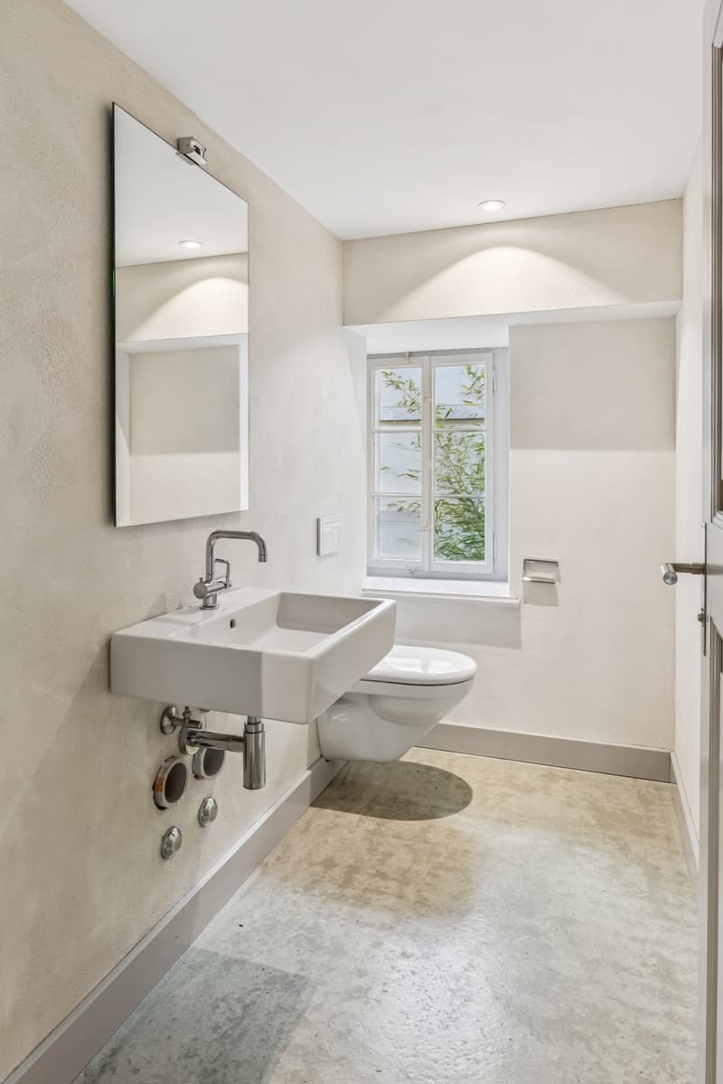 Bathroom with white sink, mirror, toilet, and window