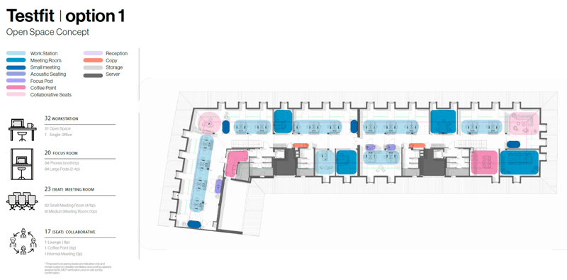 Floor plan with various room types including workstations, focus rooms, meeting rooms, and collaborative spaces.