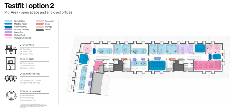 Floor plan with various office spaces, meeting rooms, and collaborative areas.
