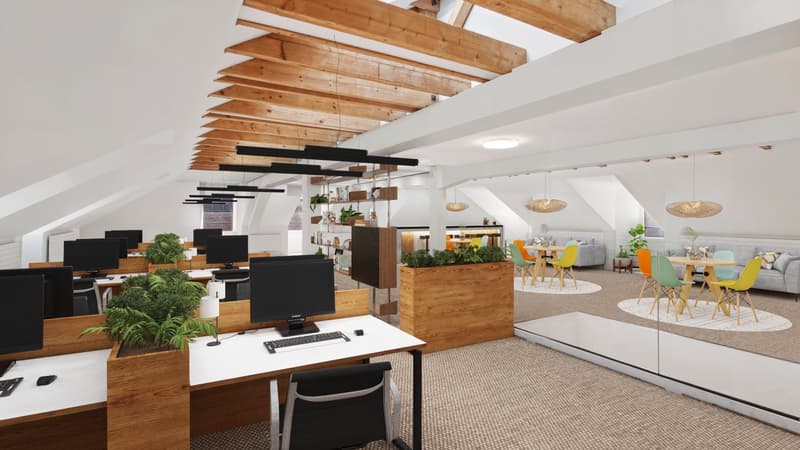 Open office space with wooden desks, monitors, plants, and a meeting area with chairs and tables.