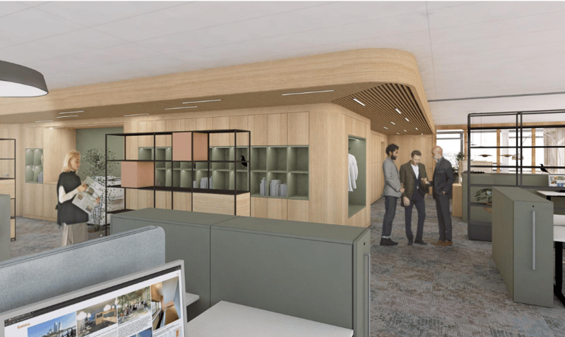 modern office space with wooden walls, glass shelves, carpeted floor, large windows, and a monitor displaying images