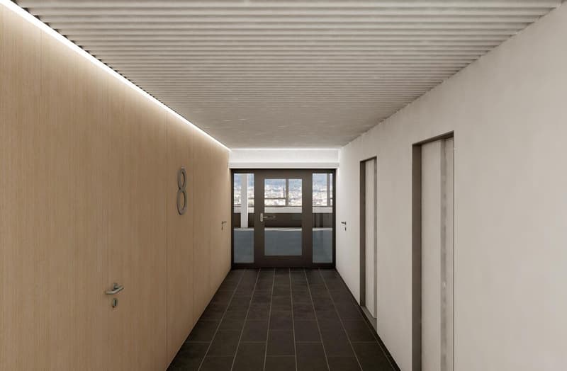 Empty hallway with wooden wall, black tiled floor, glass doors, number 8 on the wall, view of the city