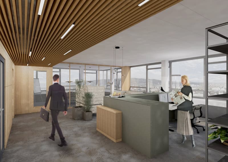 modern office with wooden ceiling, large windows, reception desk, plants, and a view of the city