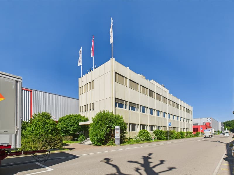 A multi-story office building with a beige exterior, surrounded by trees and greenery. The building has several windows and flags on the roof. There are parking spaces and other buildings visible in the surrounding area.