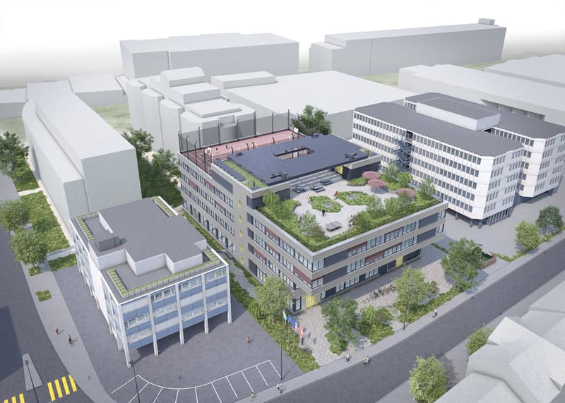 buildings, roof gardens, multiple buildings, urban setting, road, greenery, aerial perspective