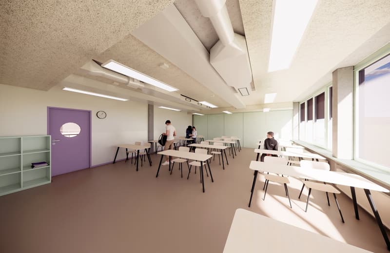 Classroom: multiple desks, chairs, ceiling lamps, floor-to-ceiling windows, clock, door, person, shelf, brown floor