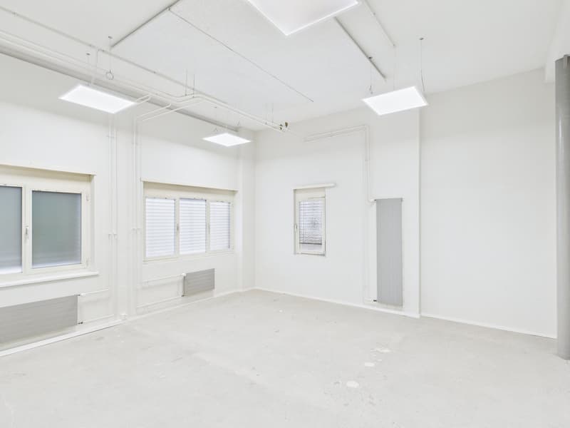 large open room, white walls, white floors, three windows, heaters, ceiling mounted lights