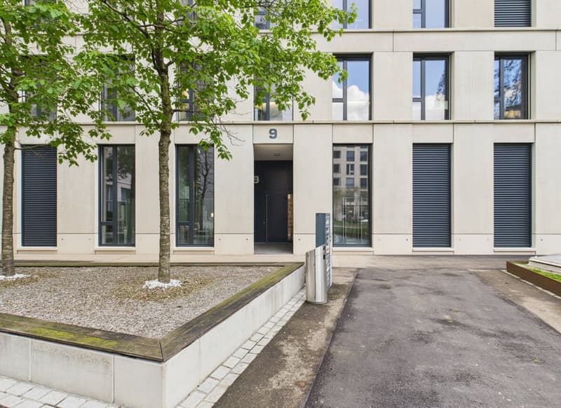 modern building, white exterior, several windows, parking area, entrance number 9