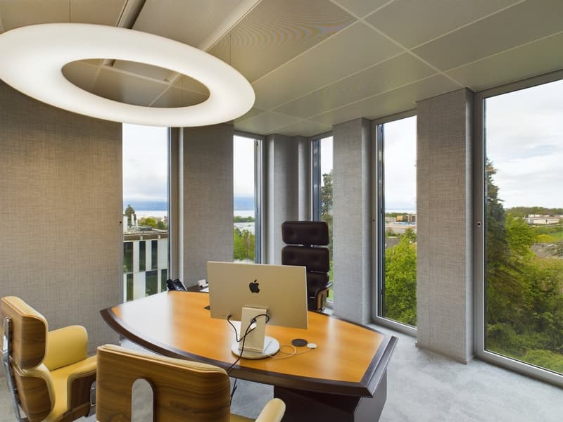 Modern office space with large windows offering a scenic view, a curved wooden desk with an Apple laptop, and a circular lighting fixture above. The room has a minimalist and contemporary design with gray walls and a neutral color scheme.