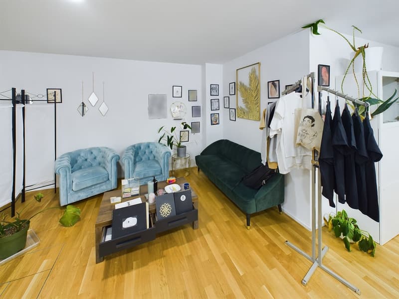 Living room with wooden floor, teal velvet chairs, green sofa, white walls, art on the wall, table with books and objects, clothes on a stand