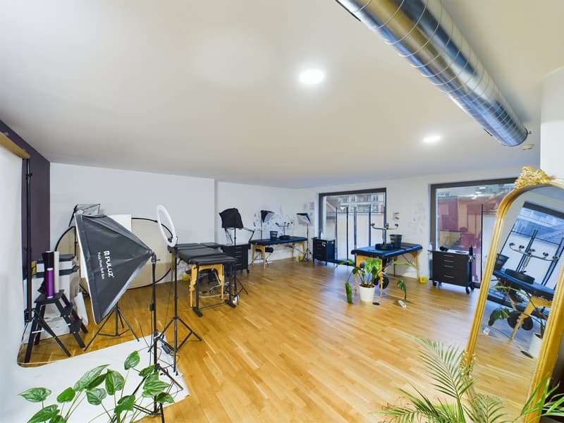wood floor, tables, chairs, photo studio equipment, plants