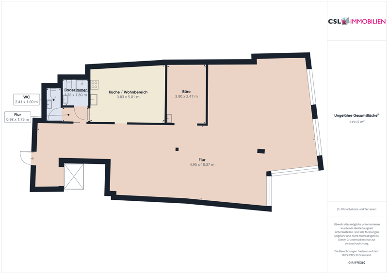 Floor plan with living room, kitchen, 2 bedrooms, 2 bathrooms, balcony and terrace