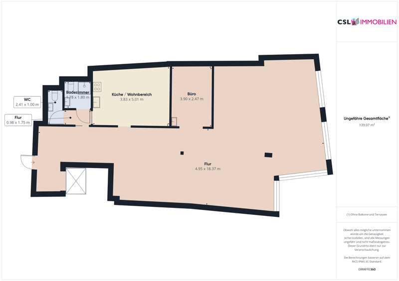 Floor plan with living room, kitchen, 2 bedrooms, 2 bathrooms, balcony and terrace