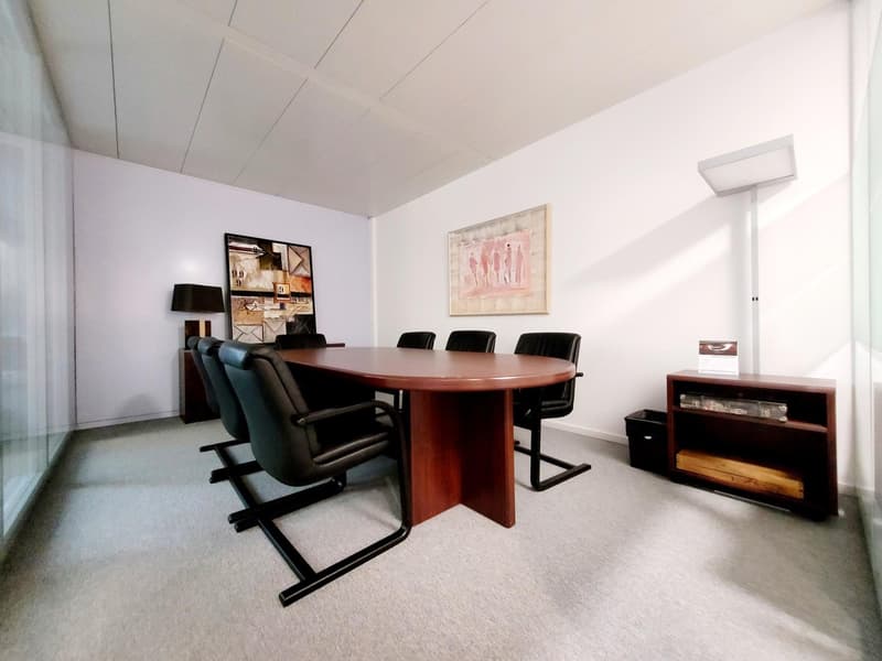 The image shows a modern and minimalist office space. The room has white walls and a carpeted floor. There is a large oval-shaped wooden conference table in the center, surrounded by black leather chairs. On the walls, there is a framed abstract artwork a