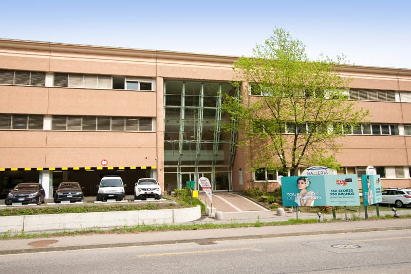 Multi-storey building, multiple windows, underground parking lot with several vehicles, a tree in front of the entrance, sign boards, greenery on the side, and cars parked on the side of the road