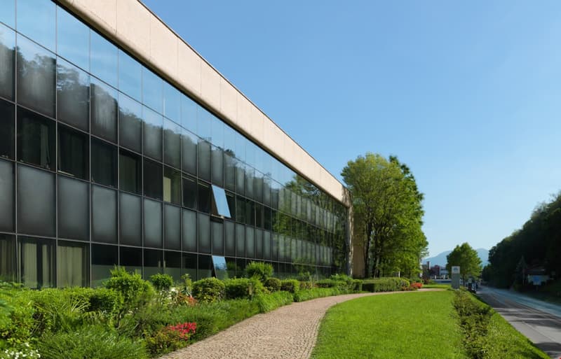 Modern office building with glass facade, two floors, landscaped garden, concrete pathway