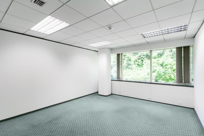 Empty room with white walls and gray floor, large window with blinds.
