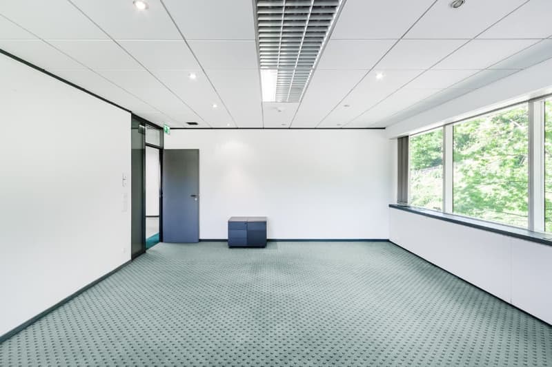 Empty office space with a white wall, gray floor, large windows, and a small cabinet