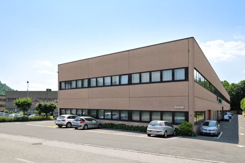 Office building, brown facade, glass windows, parking lot, cars parked