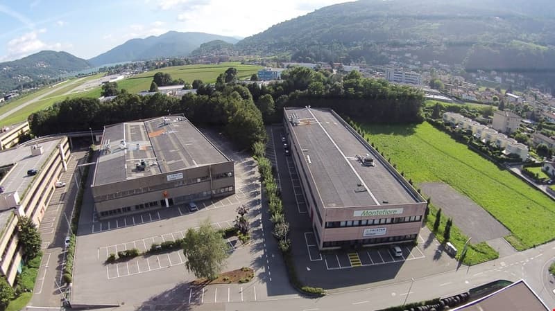 two buildings, green grass, trees, parking lot, mountains