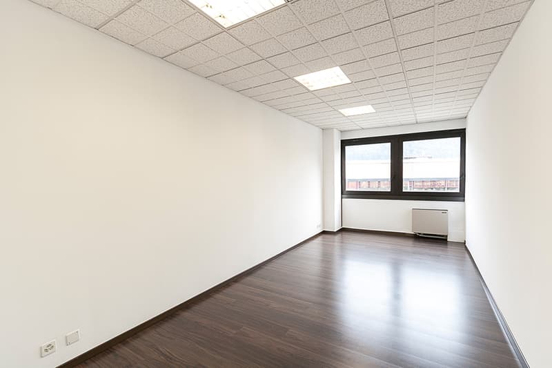 empty room, dark wood floor, square white tiles ceiling, single window, 2 power outlets, no furniture