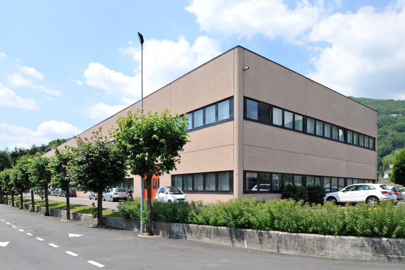 Two-story office building, brown facade, many windows, cars parked in front, street trees, street sign, clear sky, mountains in the background.