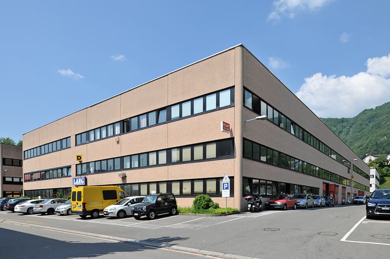 Office building, brown bricks, many windows, several cars parked in front, green mountain in the background