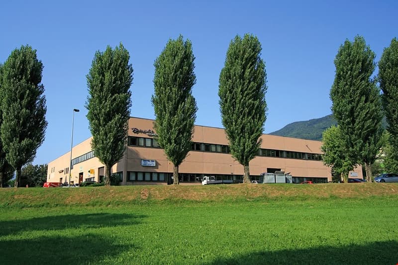 large office building, brick facade, several windows, grassy area in front, trees