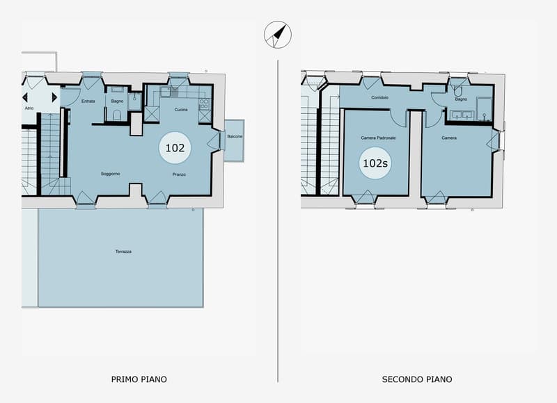 First floor: living room, kitchen, bedroom, bathroom, hallway, balcony. Second floor: bedroom, hallway, bathroom, bedroom.