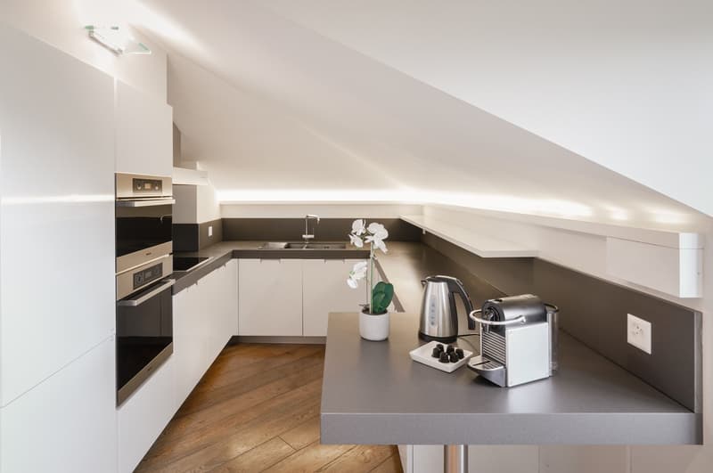 Modern kitchen, wooden floor, white cabinets, stainless steel appliances, kitchen island, coffee machine, kettle, flower vase