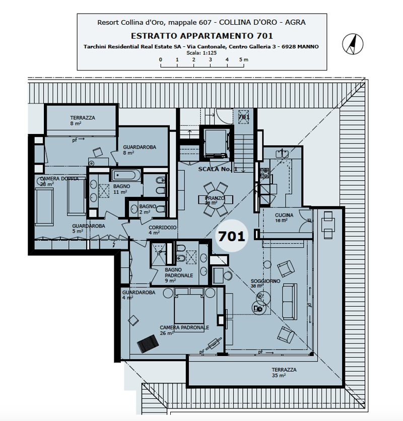 The floor plan shows a 2-bedroom apartment with a living room, kitchen, bathroom, and two terraces.