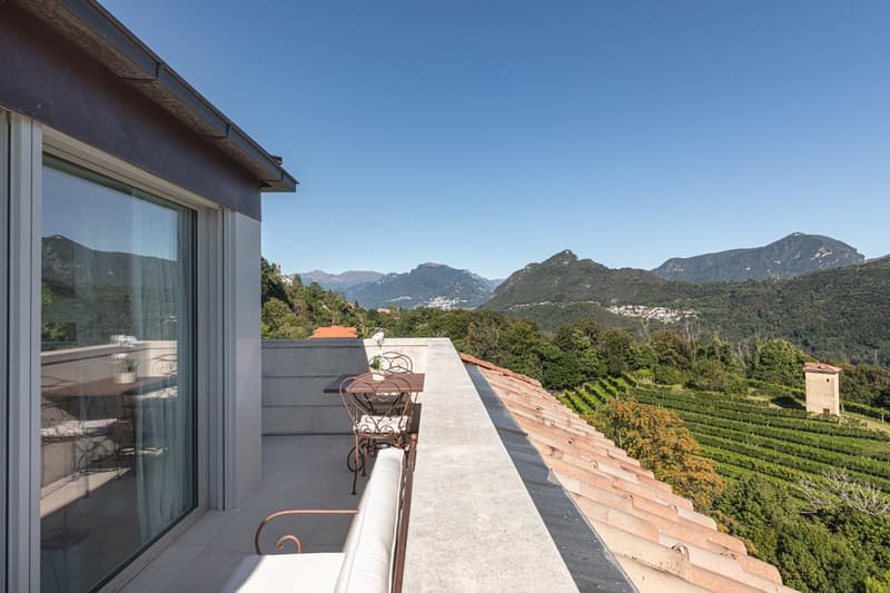 Tiled rooftop terrace, patio set, vineyard view