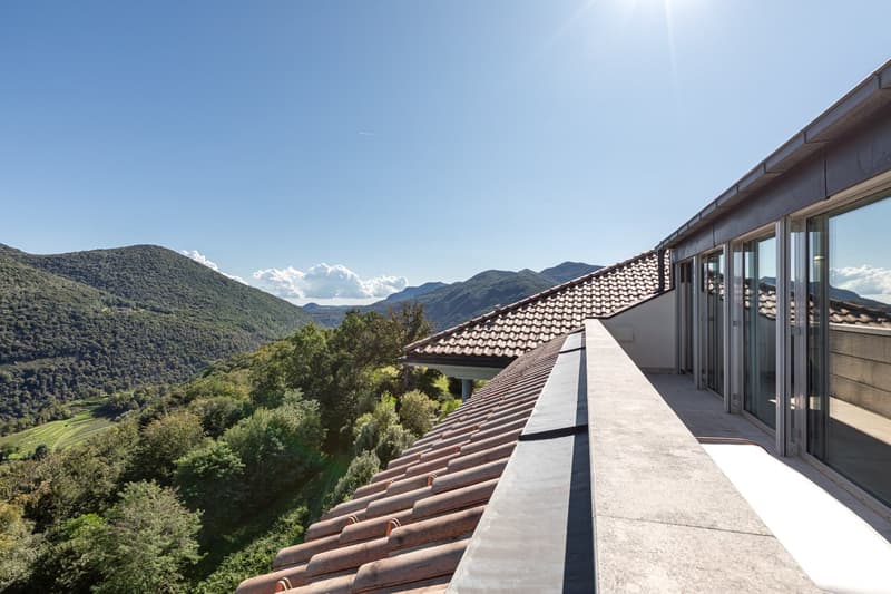 Terraced roof, panoramic windows, tiled roof, mountain view
